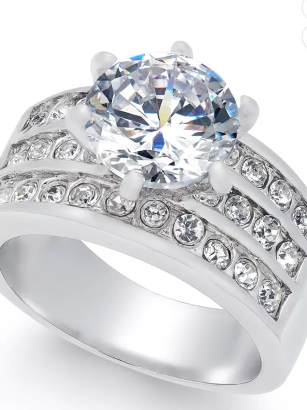 Silver Tone Crystal Triple Row Engagement Ring | Statement Solitaire Ring